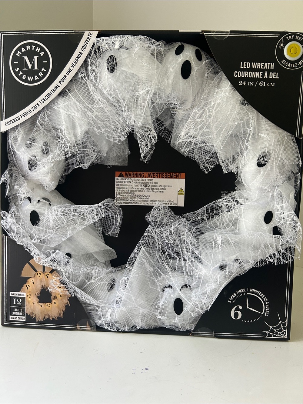 Martha Stewart White Ghost LED Wreath with Black & Lace Accents NEW